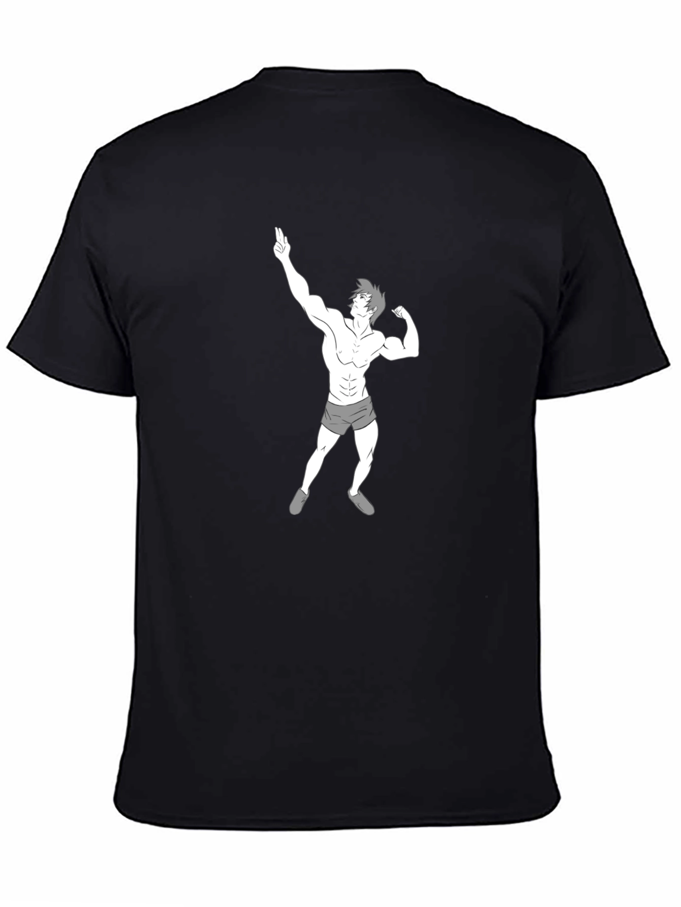 Mens Black T-Shirt with Cartoon Bodybuilder Graphic