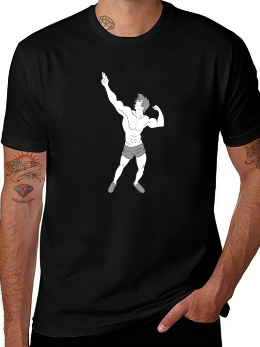 Mens Black T-Shirt with Cartoon Bodybuilder Graphic
