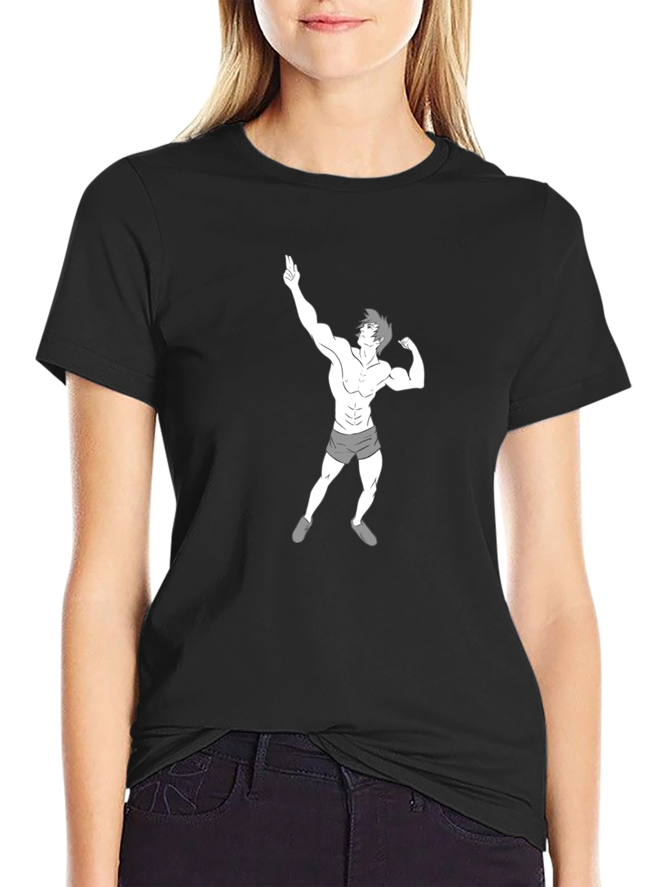 Mens Black T-Shirt with Cartoon Bodybuilder Graphic