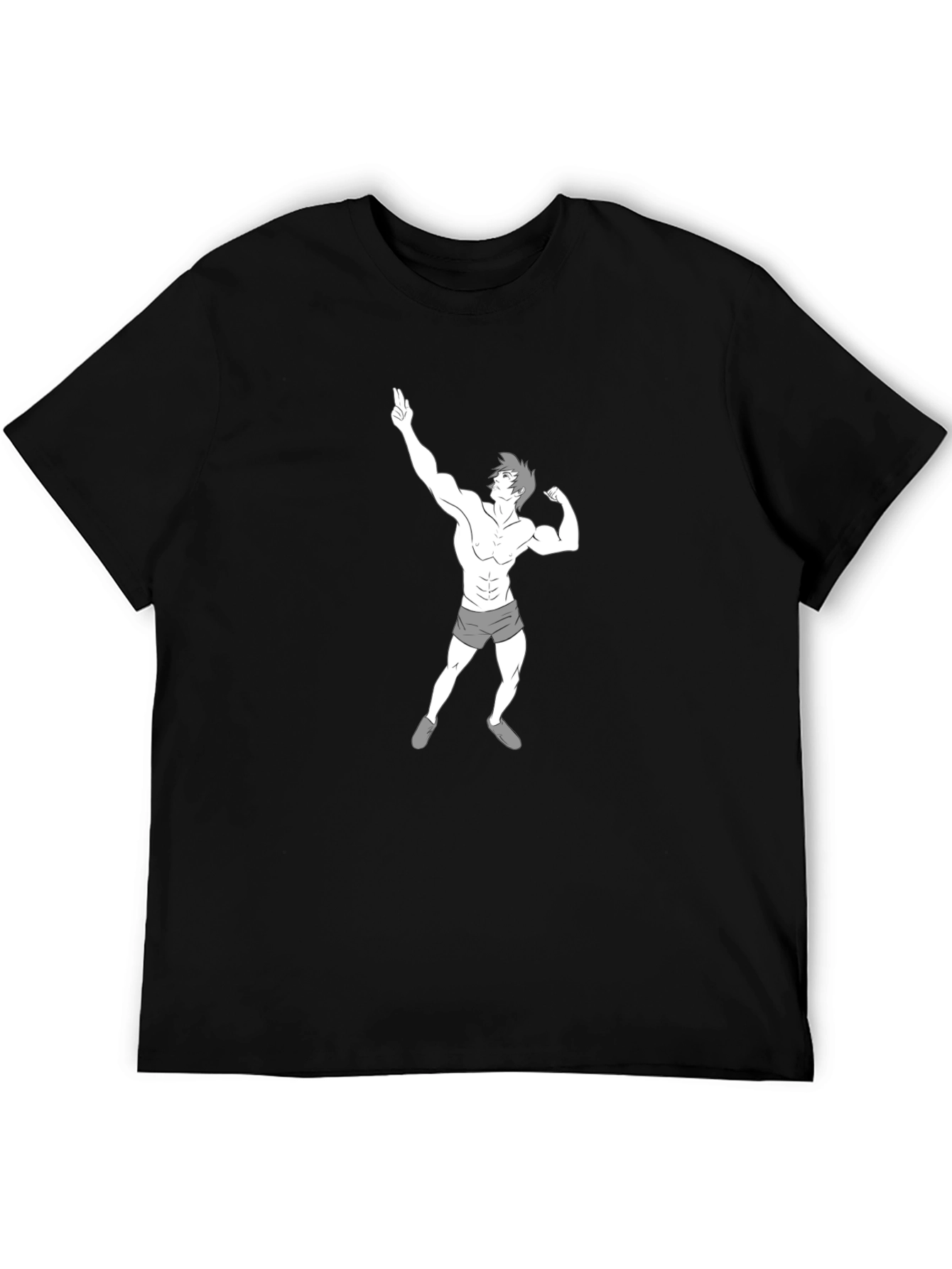 Mens Black T-Shirt with Cartoon Bodybuilder Graphic
