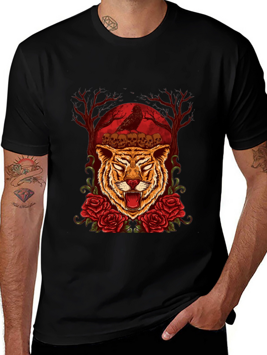 Tiger Skull & Roses Graphic Tee - Mens Black T-Shirt
