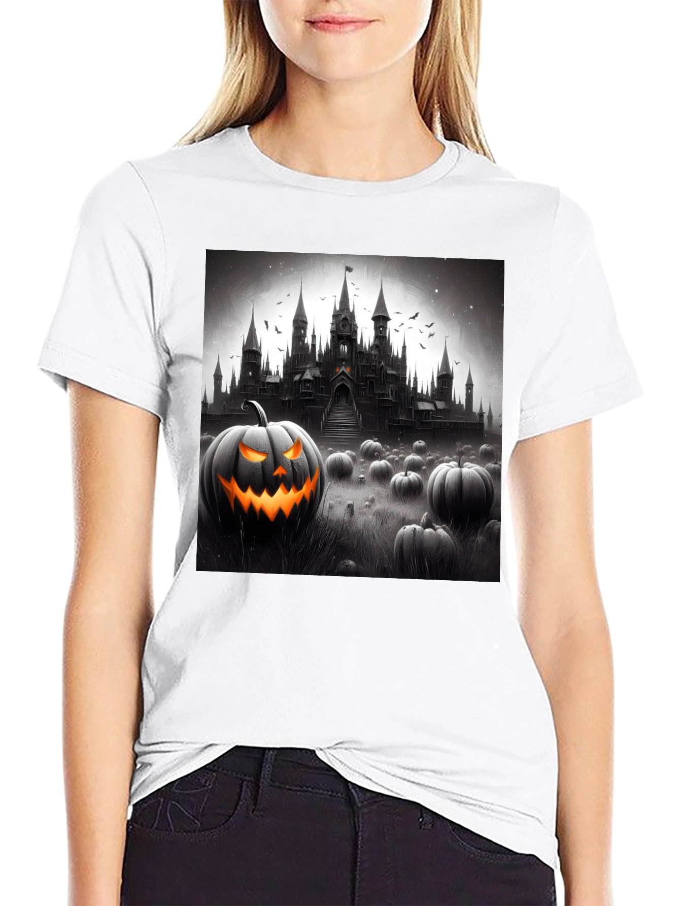 Halloween Castle Pumpkin Patch Black T-Shirt