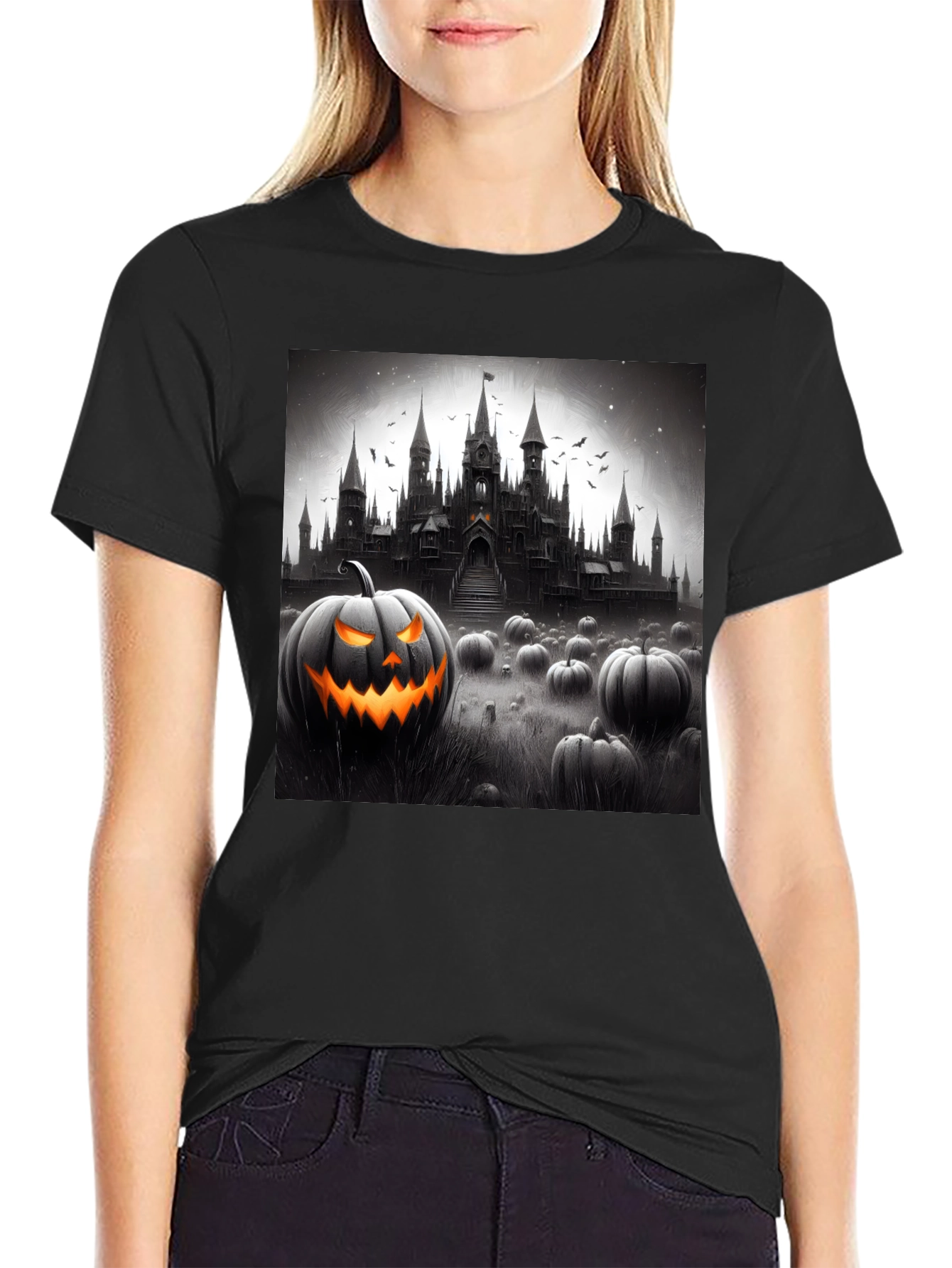 Halloween Castle Pumpkin Patch Black T-Shirt