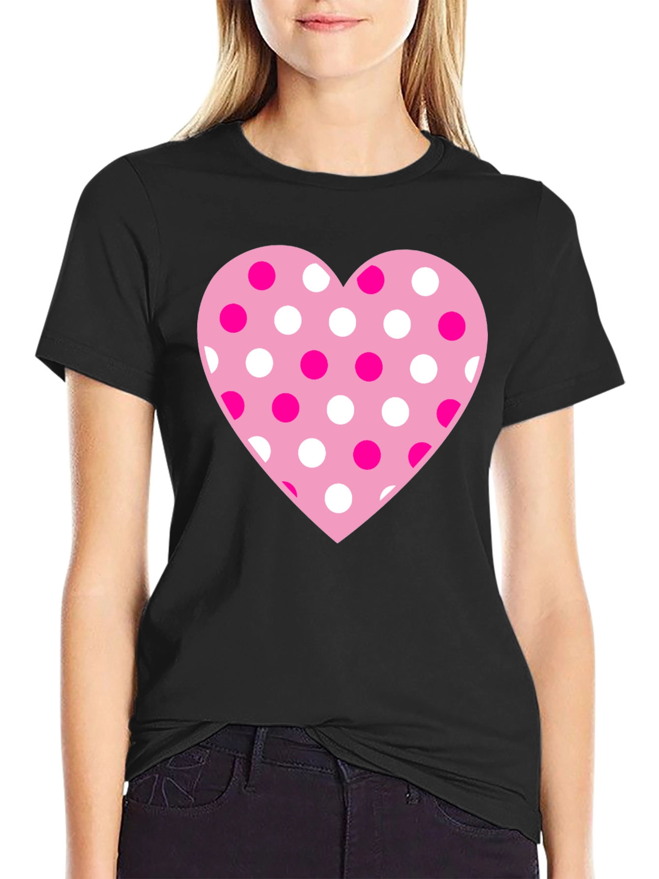 Heart Polka Dot Graphic Tee - Black