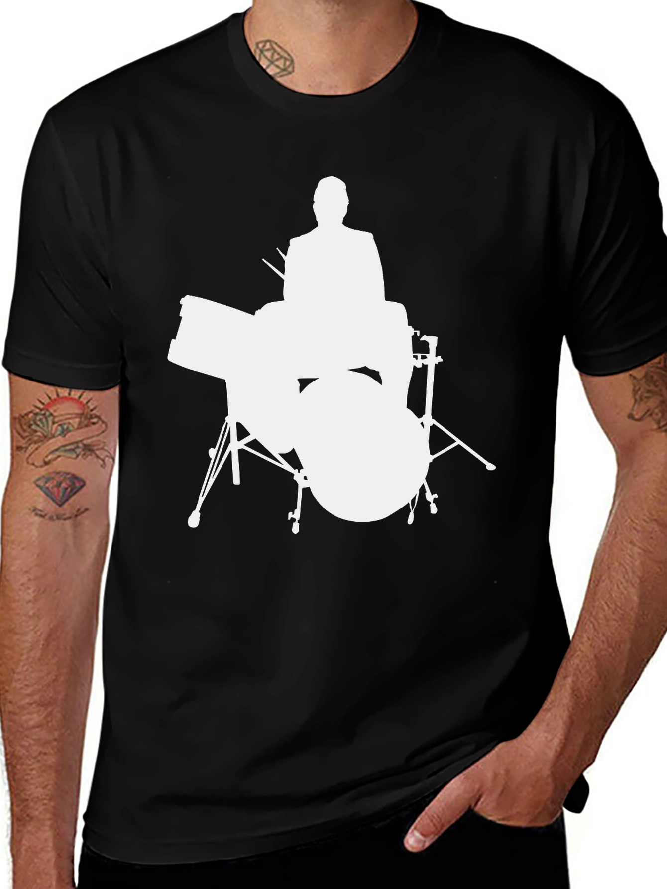 Drummer Silhouette Graphic Tee - Black Cotton Shirt