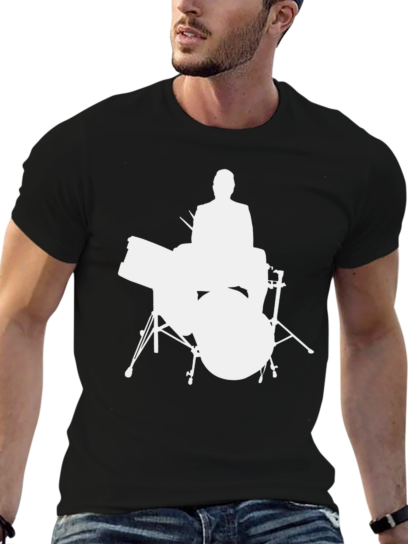 Drummer Silhouette Graphic Tee - Black Cotton Shirt