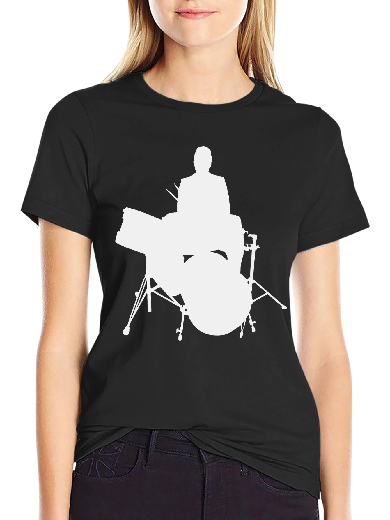 Drummer Silhouette Graphic Tee - Black Cotton Shirt
