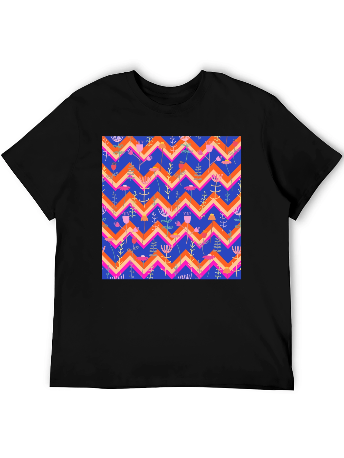 Floral Chevron Pattern Black T-Shirt