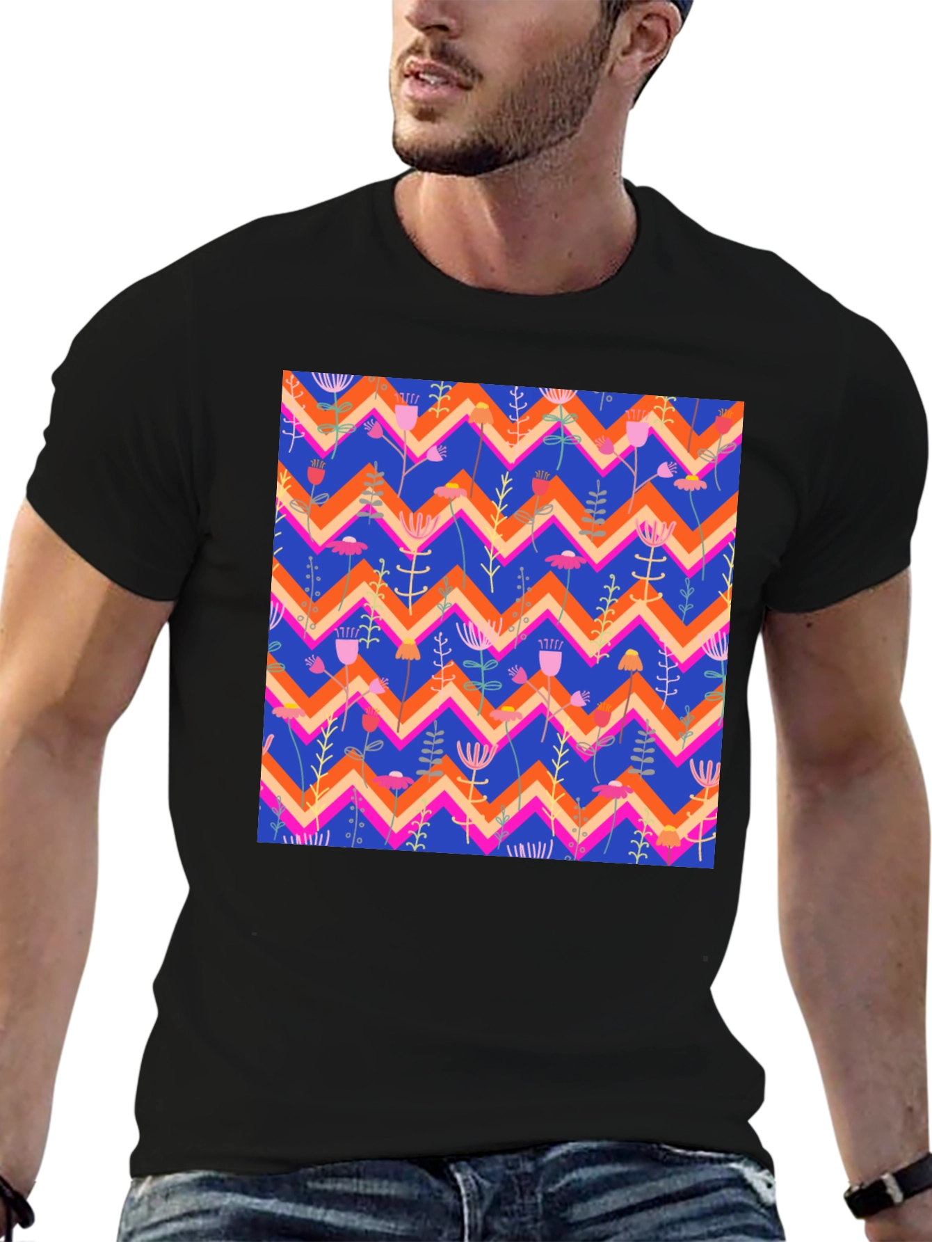 Floral Chevron Pattern Black T-Shirt