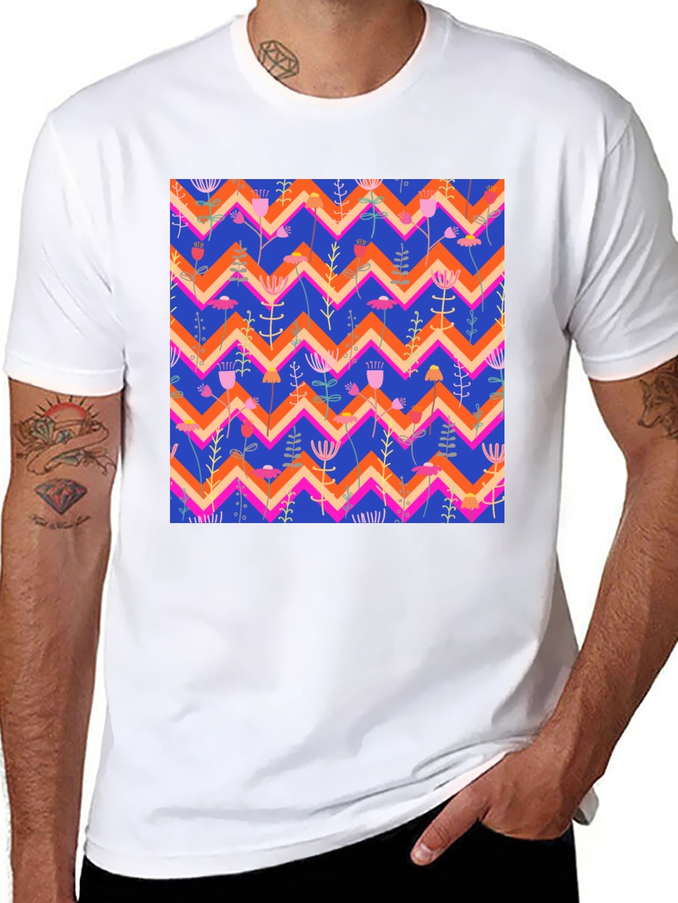 Floral Chevron Pattern Black T-Shirt