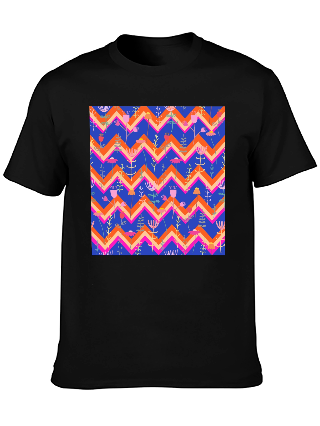 Floral Chevron Pattern Black T-Shirt