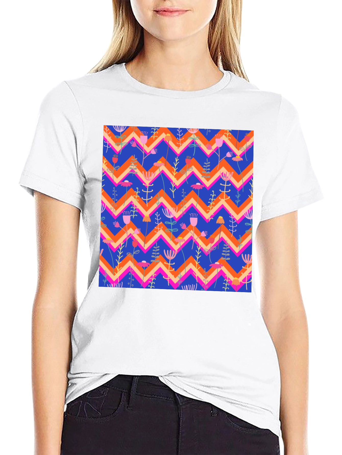 Floral Chevron Pattern Black T-Shirt