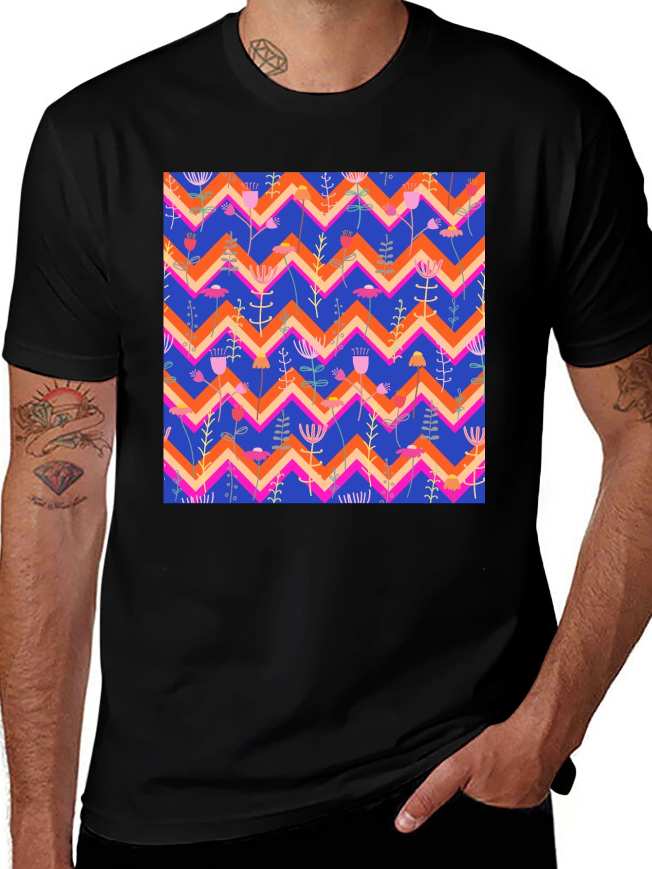 Floral Chevron Pattern Black T-Shirt