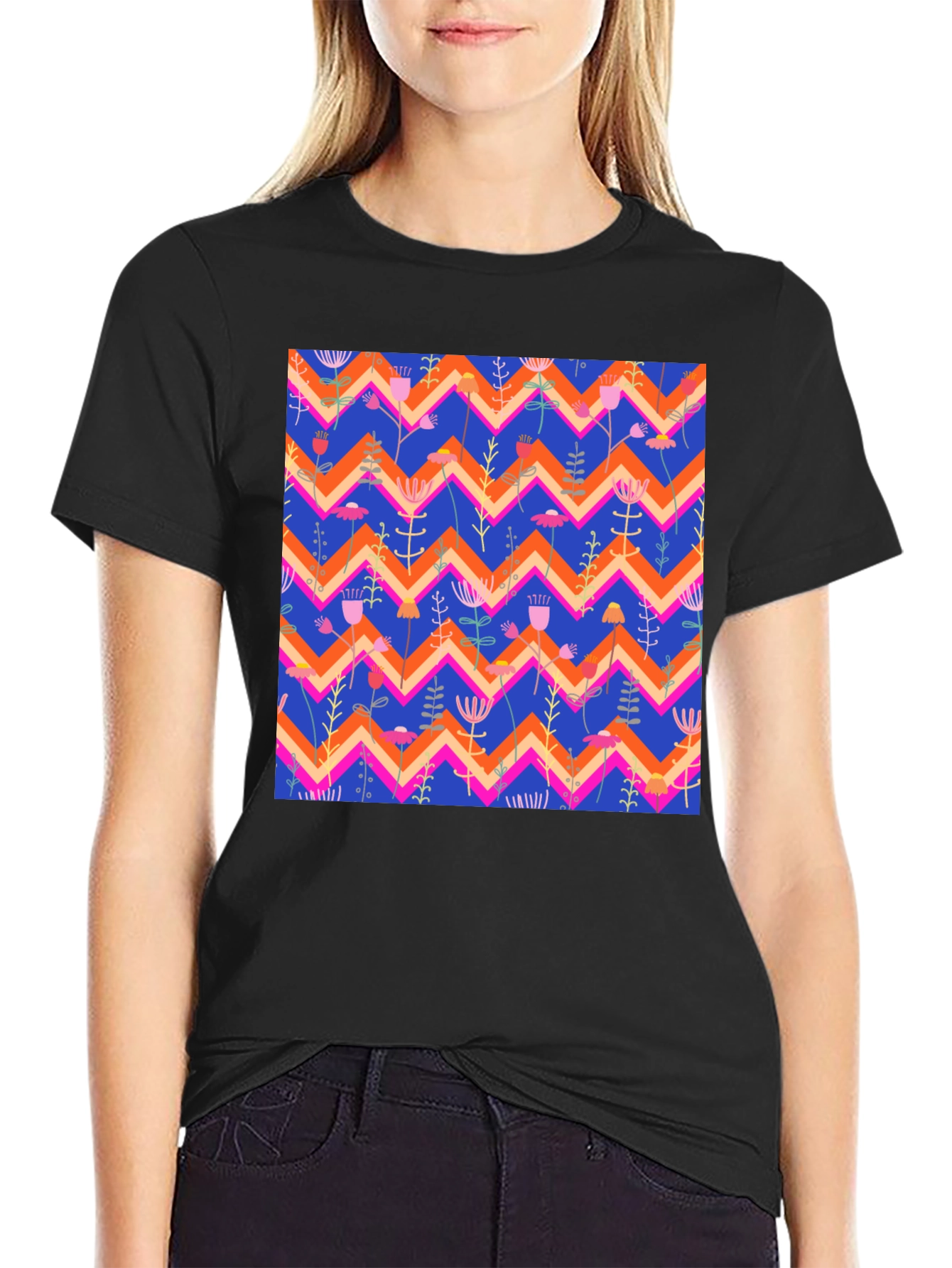 Floral Chevron Pattern Black T-Shirt