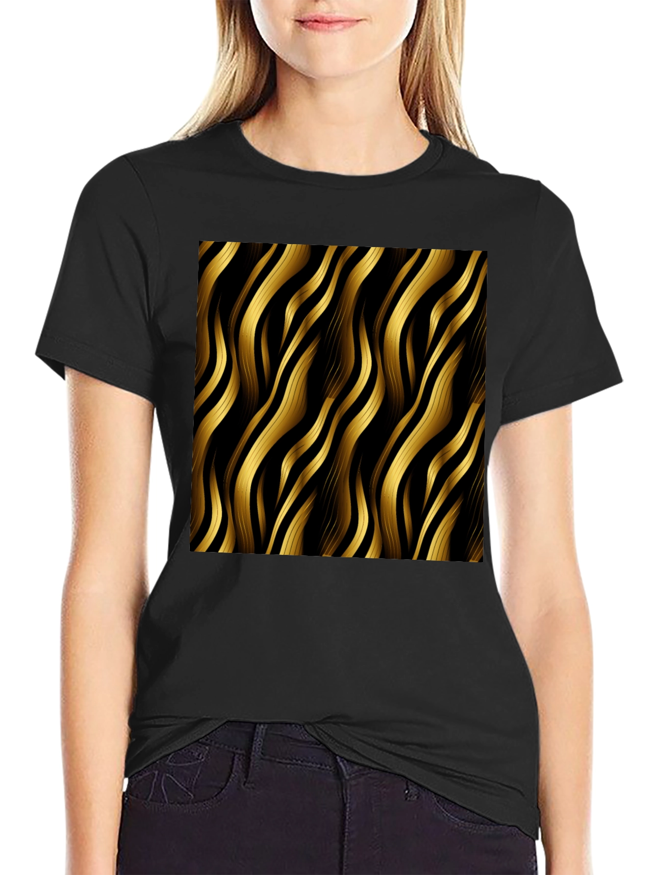 Stylish Black T-Shirt with Gold Wavy Pattern