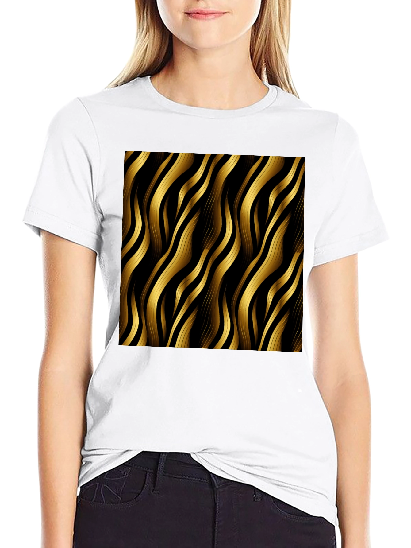 Stylish Black T-Shirt with Gold Wavy Pattern