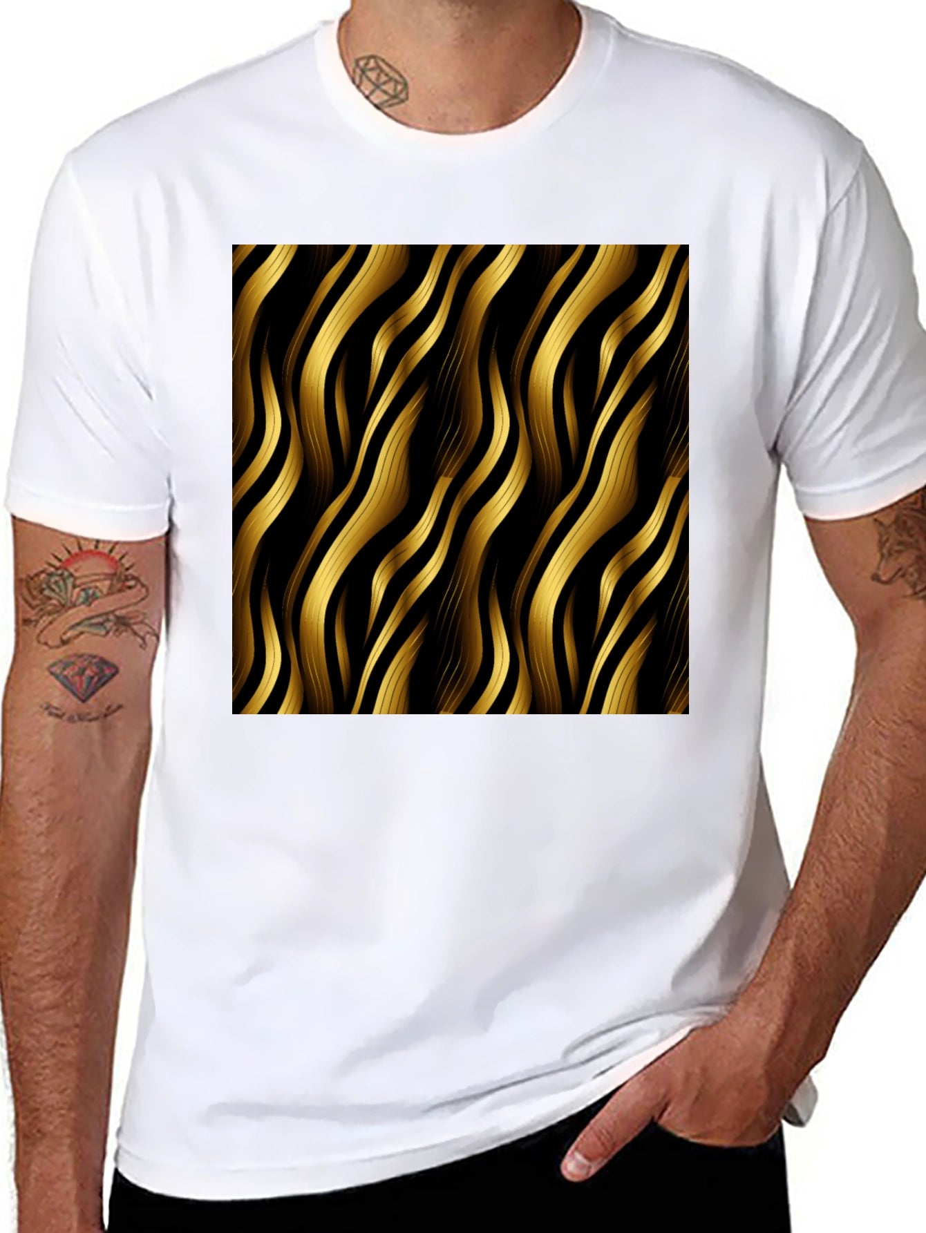 Stylish Black T-Shirt with Gold Wavy Pattern