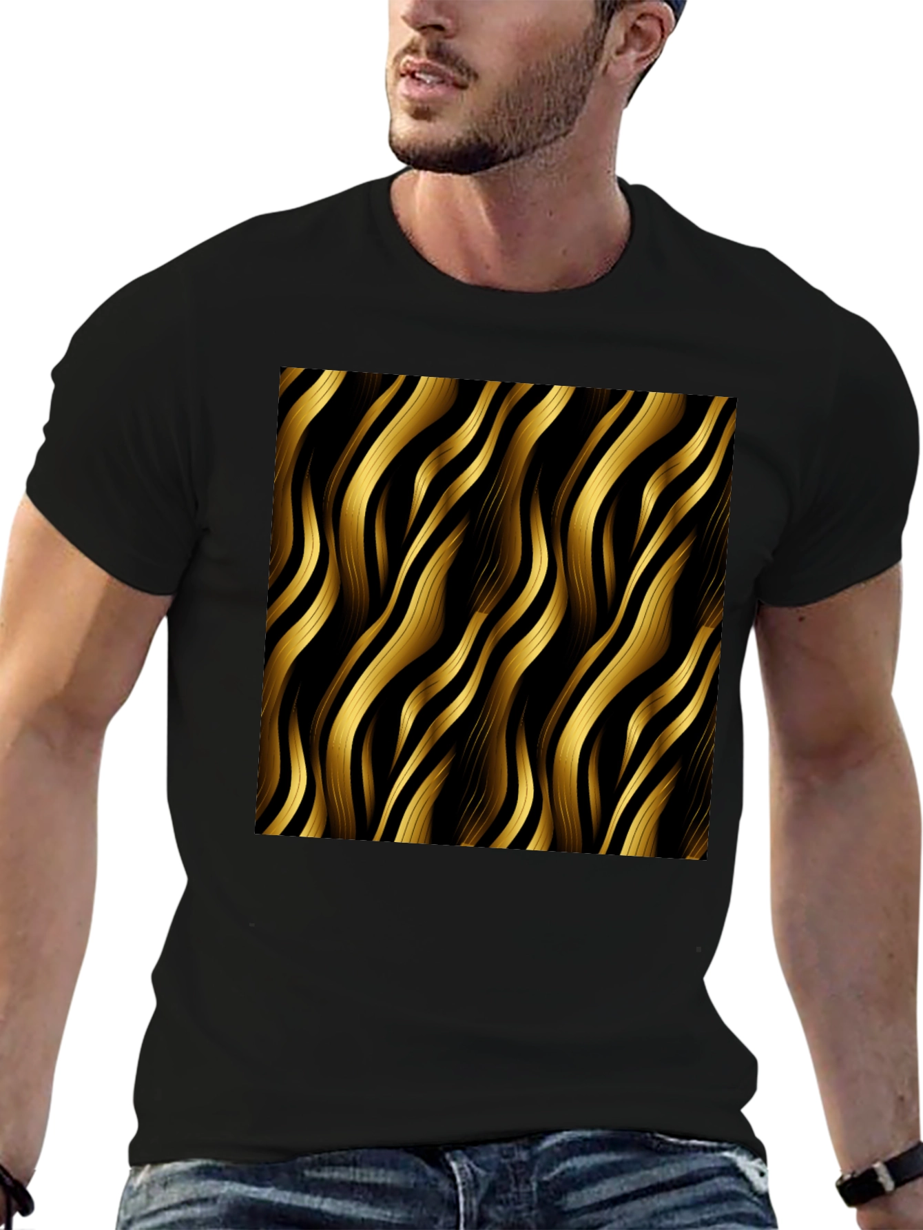 Stylish Black T-Shirt with Gold Wavy Pattern