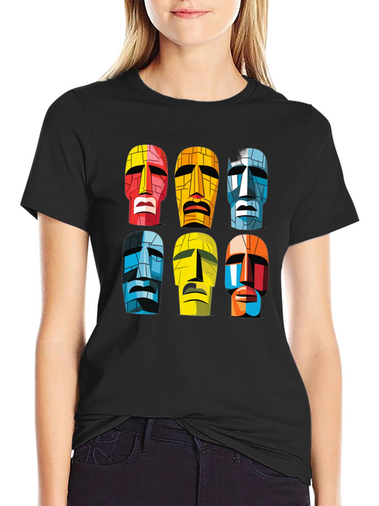 Moai Heads Graphic Print Tee - Black