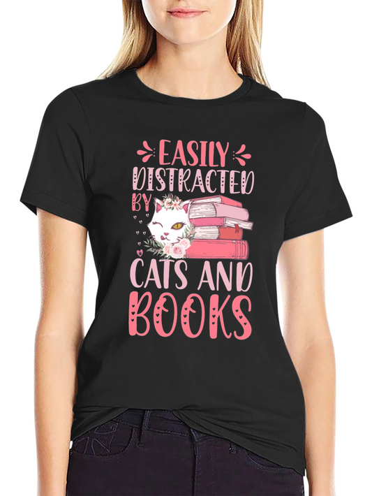 Easily Distracted By Cats and Books Graphic Tee