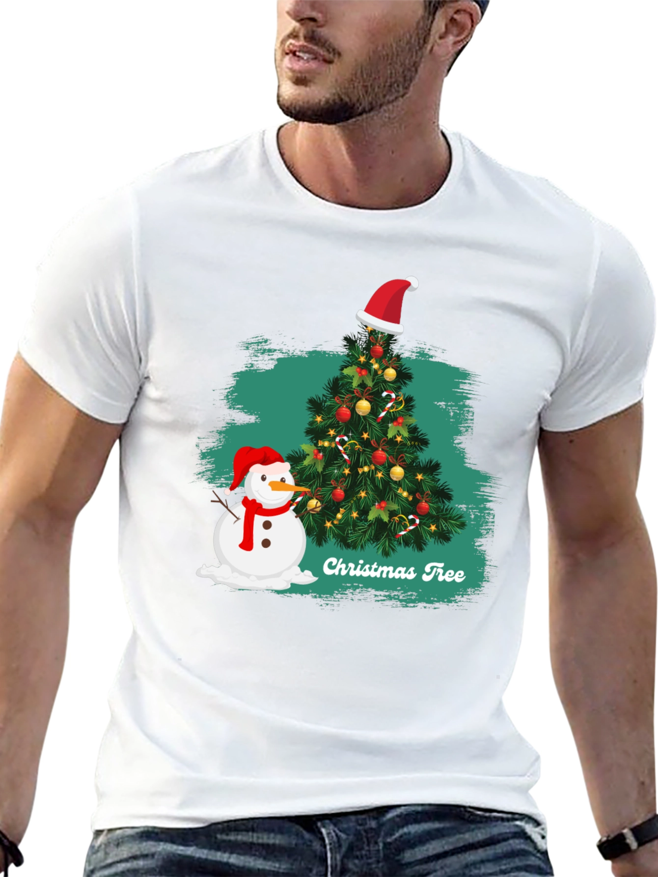 Festive Christmas Tree & Snowman T-Shirt