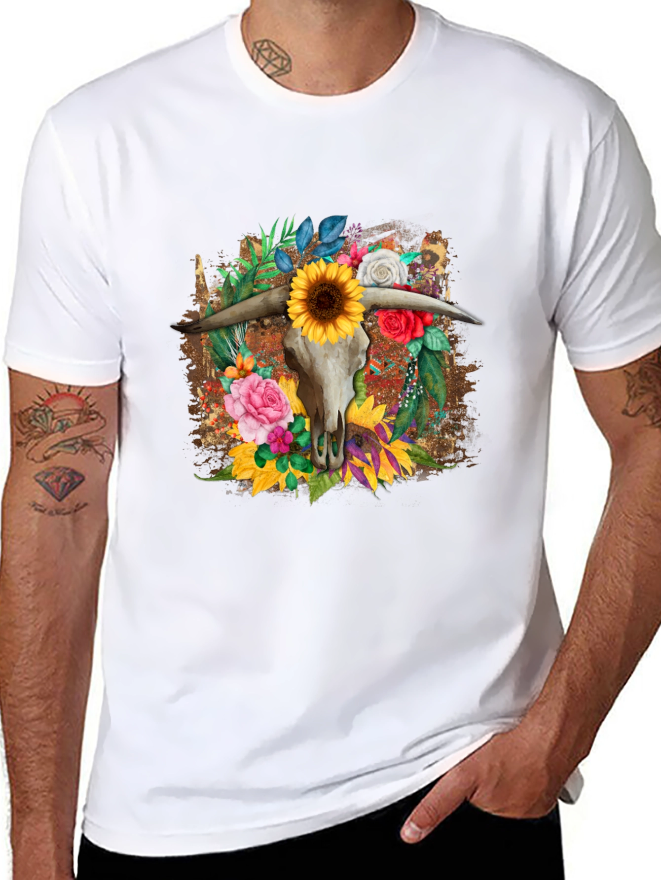 Floral Steer Skull Graphic Tee