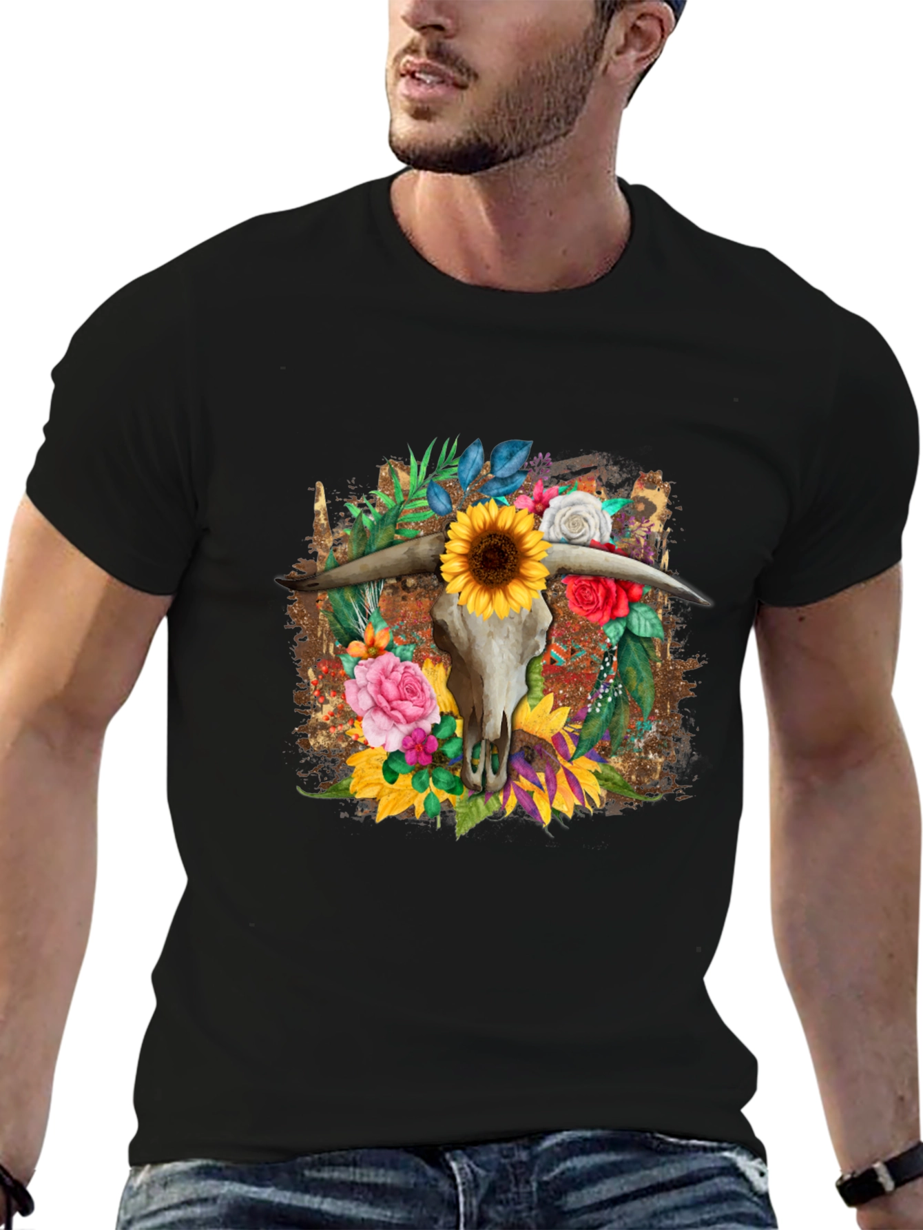 Floral Steer Skull Graphic Tee