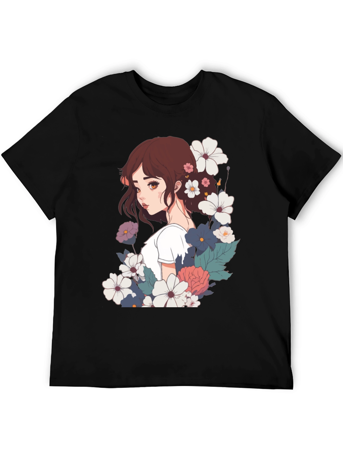 Floral Anime Girl Black T-Shirt
