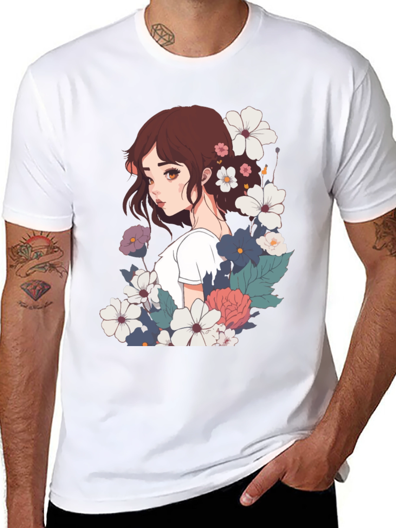 Floral Anime Girl Black T-Shirt