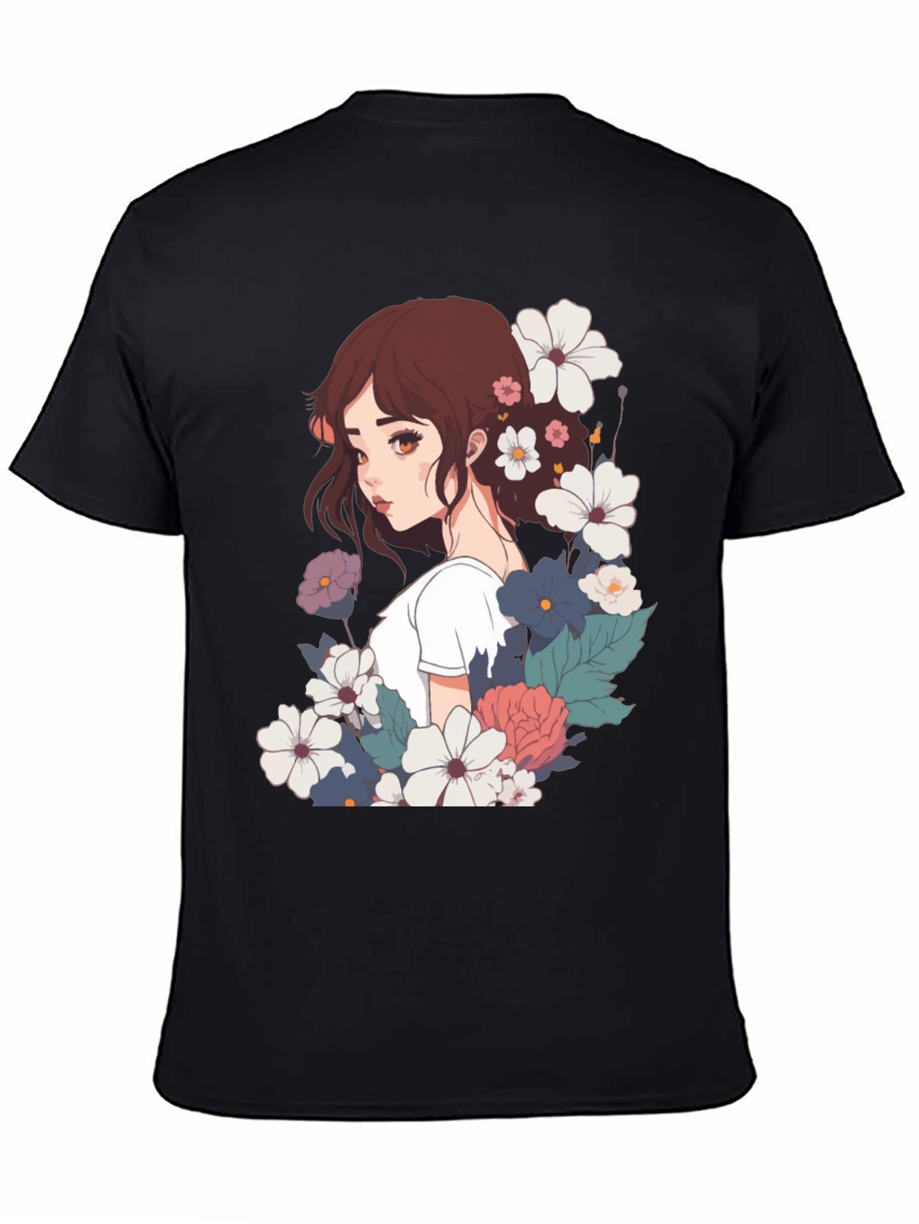 Floral Anime Girl Black T-Shirt