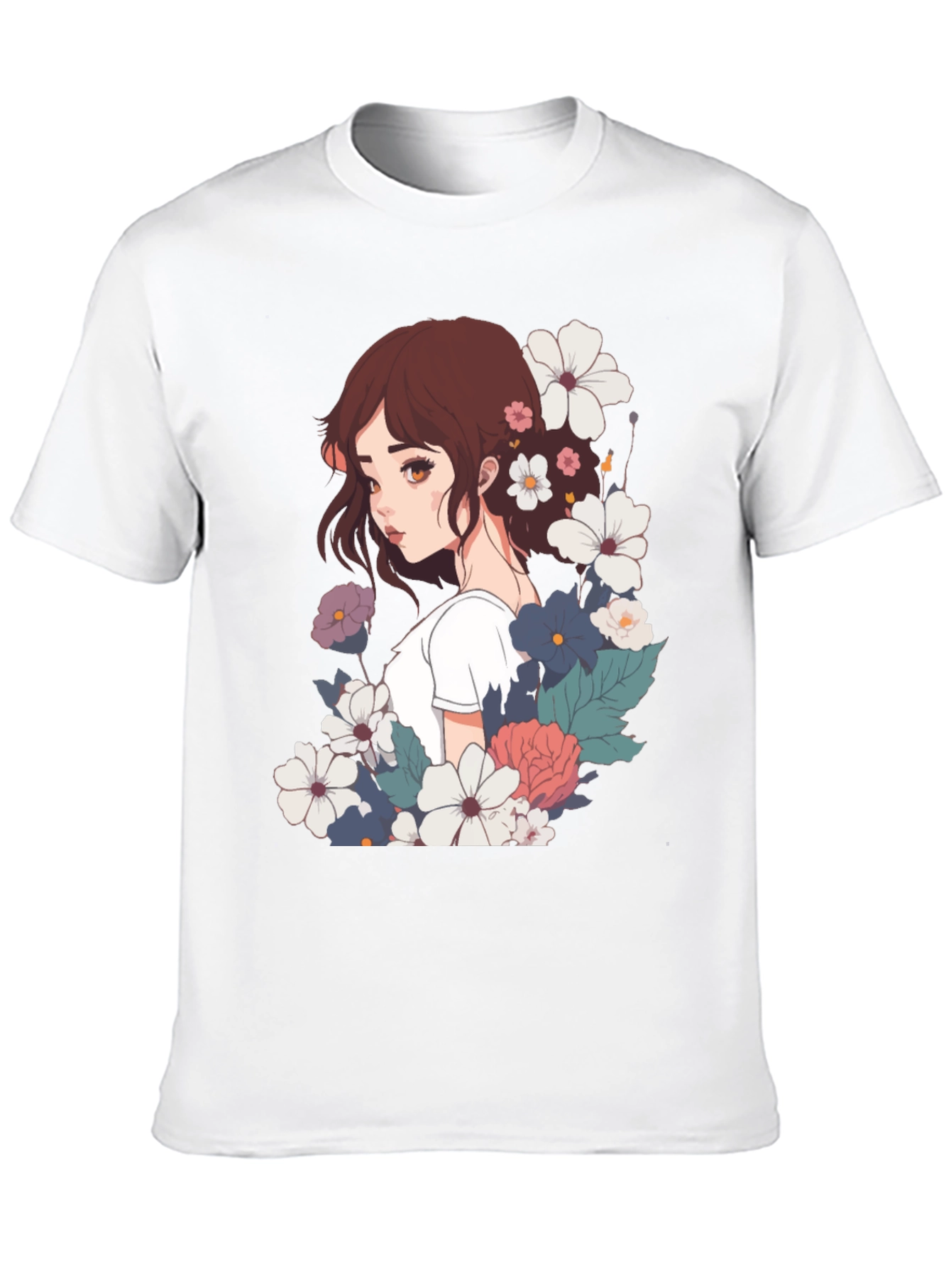 Floral Anime Girl Black T-Shirt