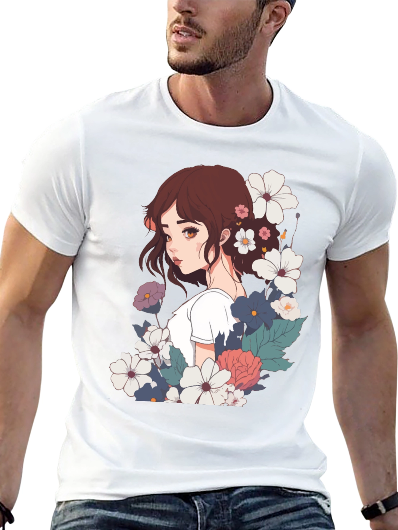 Floral Anime Girl Black T-Shirt