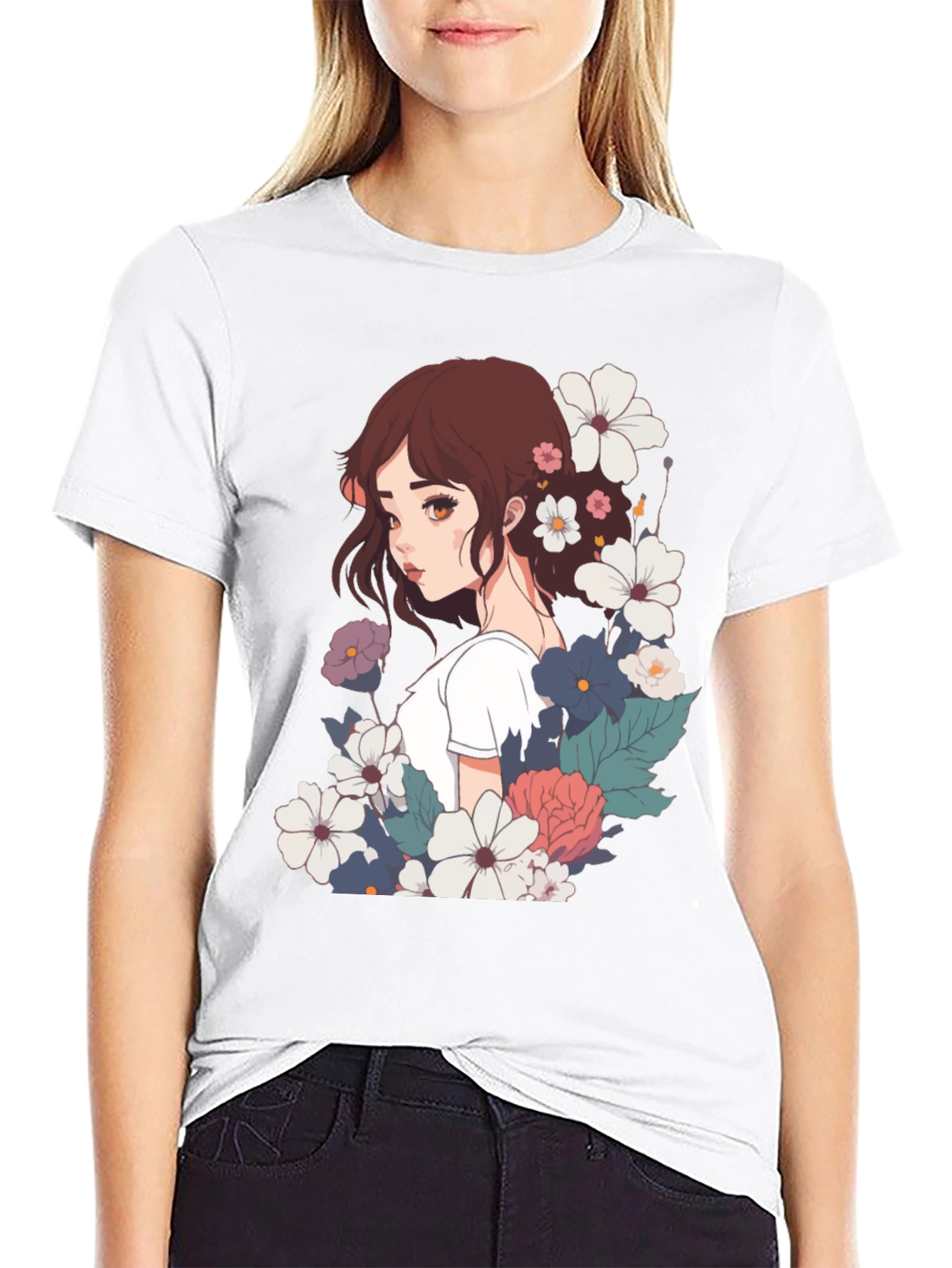 Floral Anime Girl Black T-Shirt