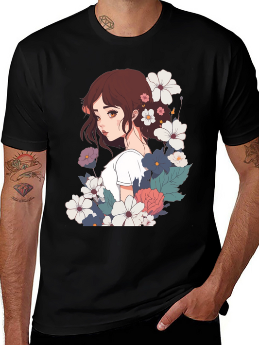 Floral Anime Girl Black T-Shirt