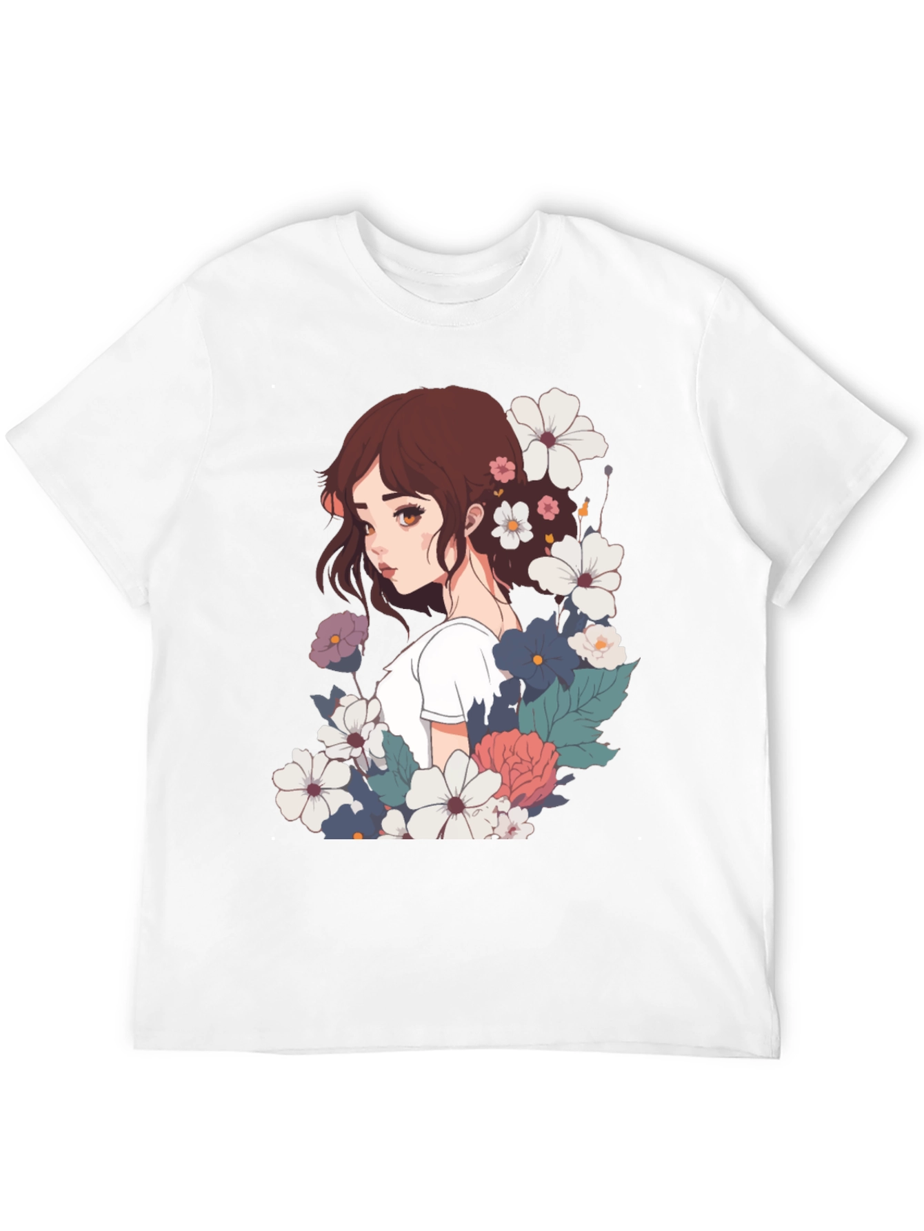 Floral Anime Girl Black T-Shirt