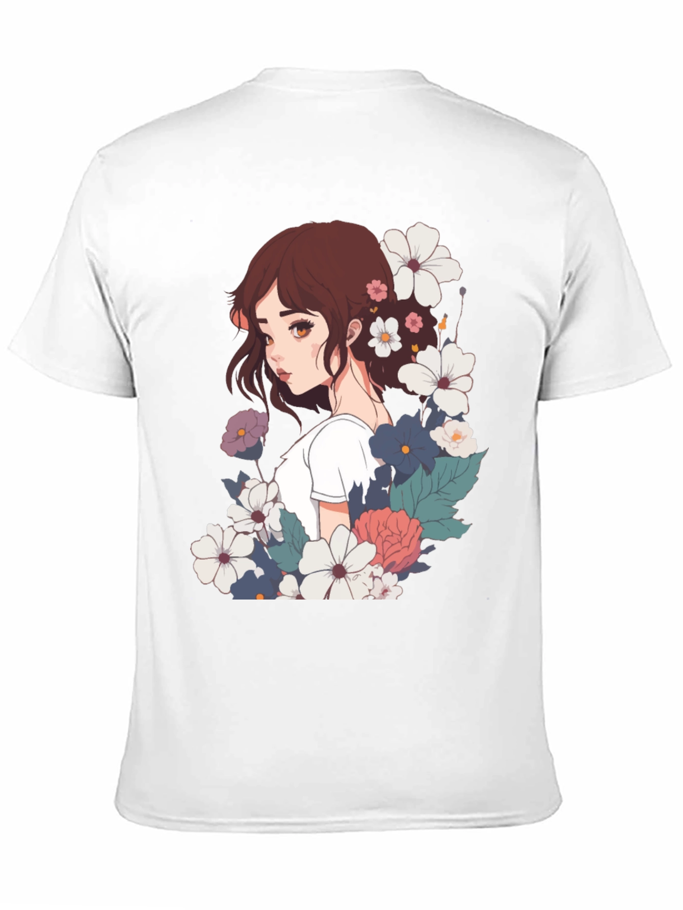 Floral Anime Girl Black T-Shirt