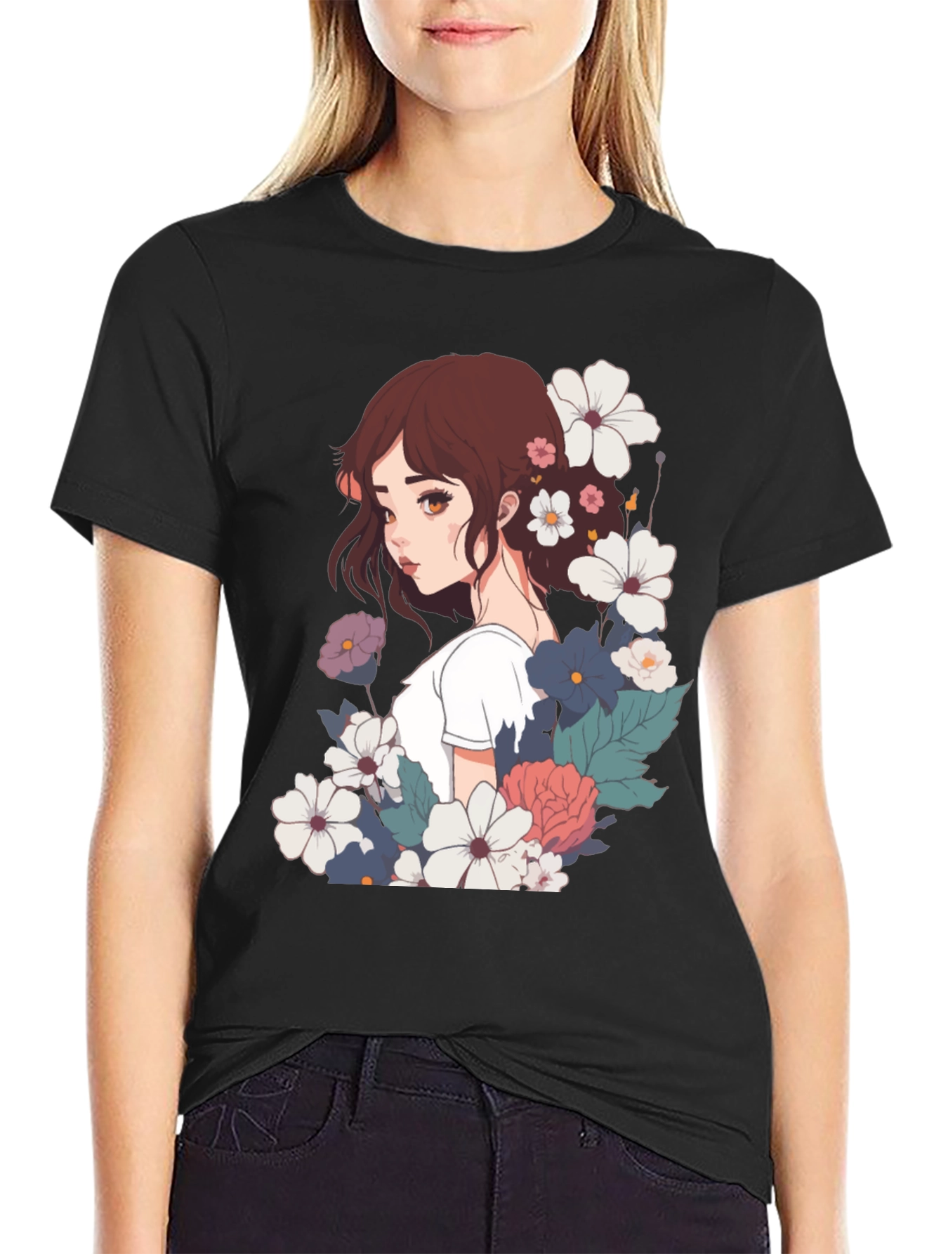 Floral Anime Girl Black T-Shirt