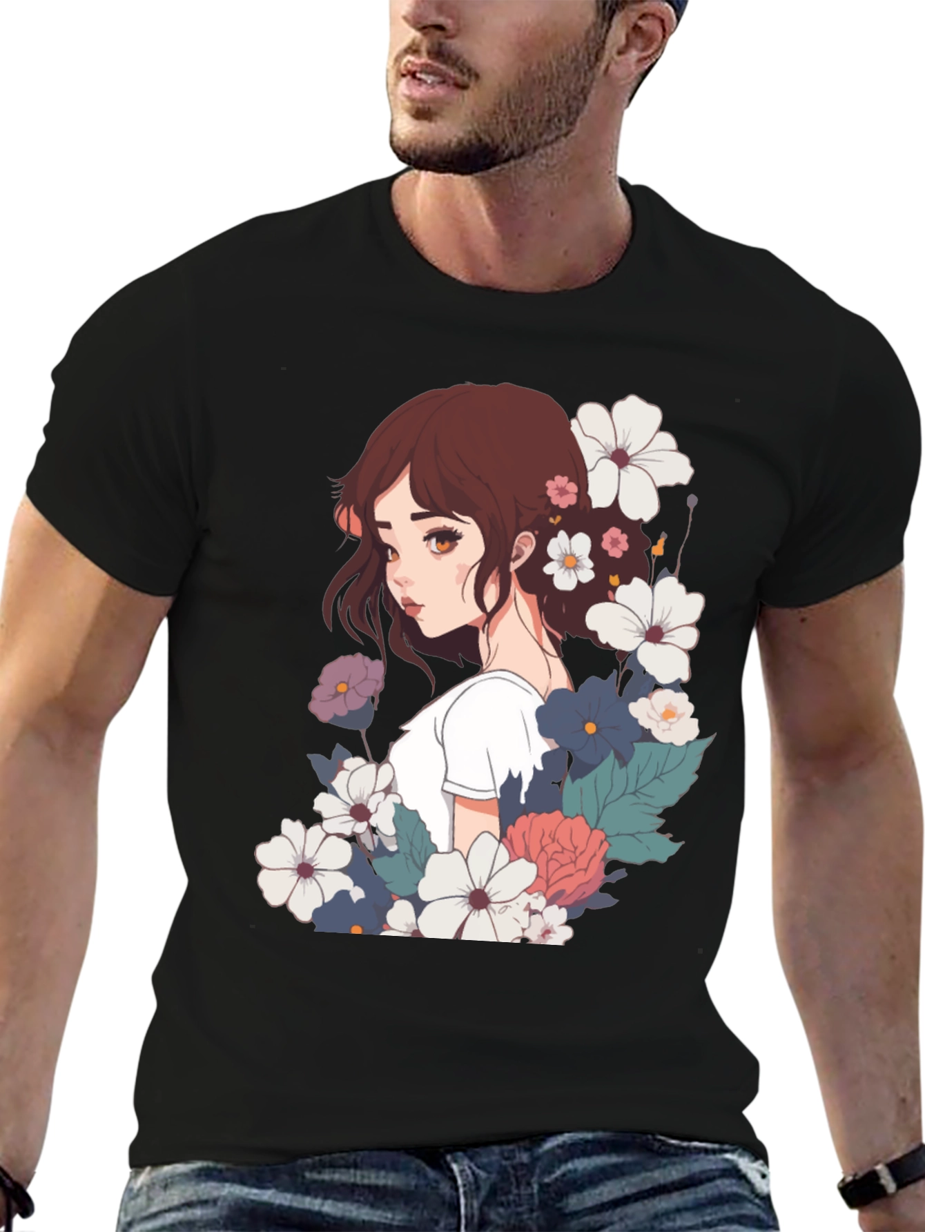 Floral Anime Girl Black T-Shirt