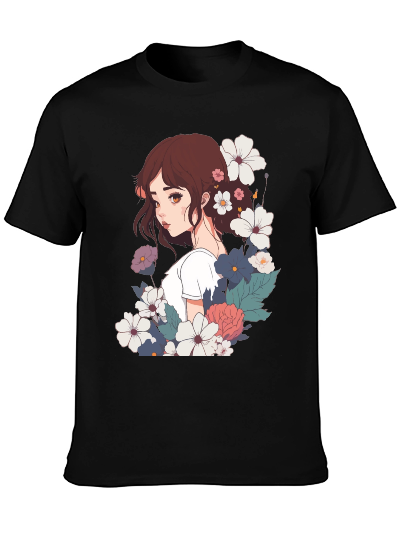Floral Anime Girl Black T-Shirt
