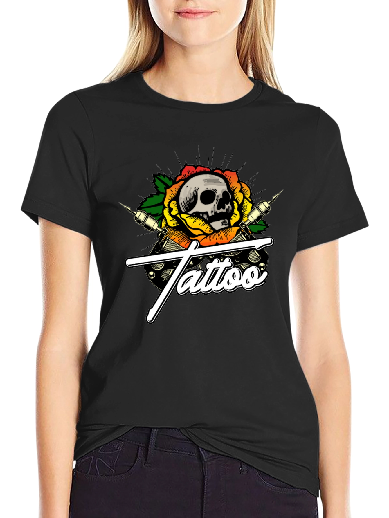 Skull Tattoo Graphic T-Shirt - Black