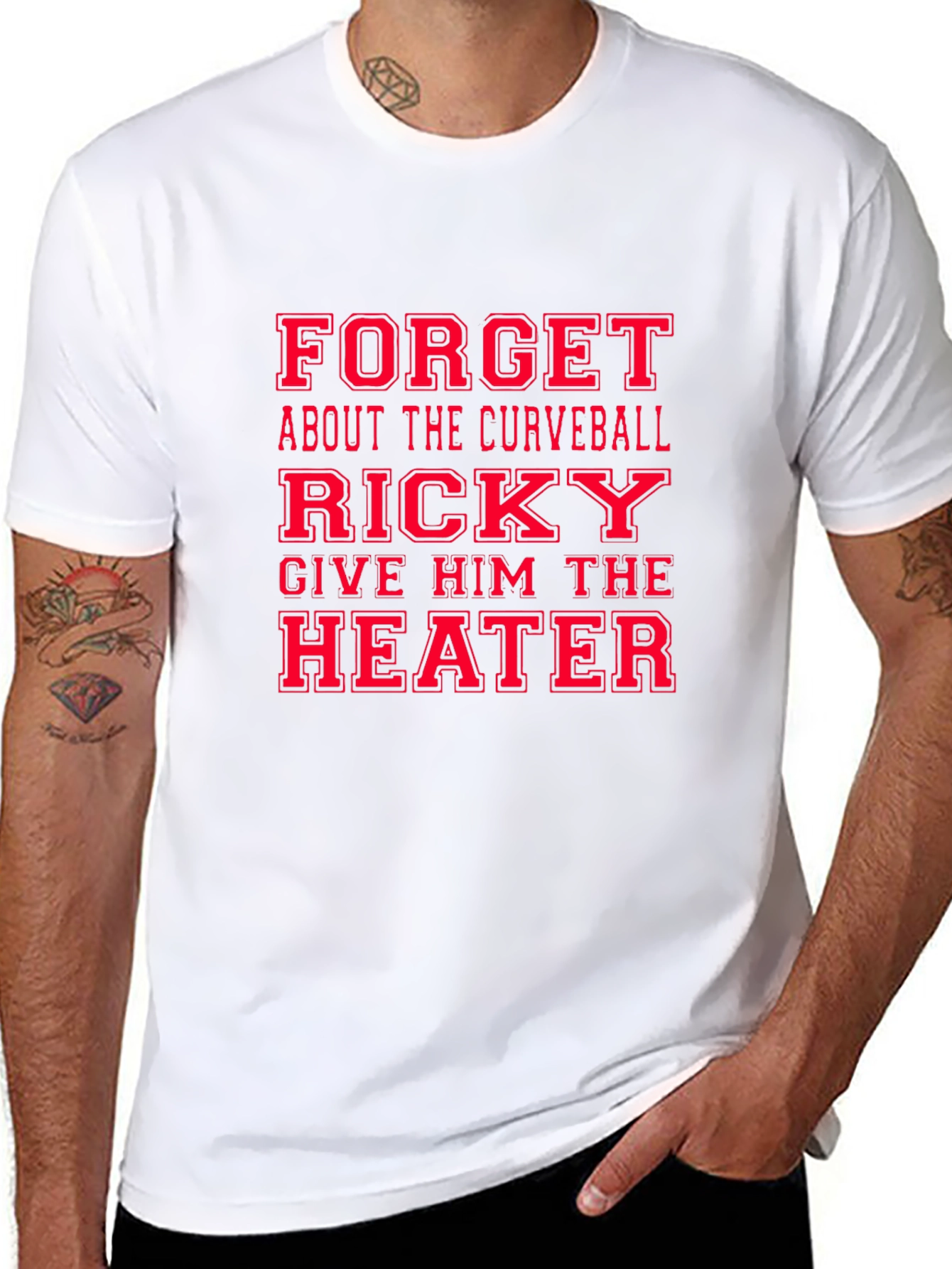 Funny Baseball T-Shirt: Ricky Give Him the Heater!
