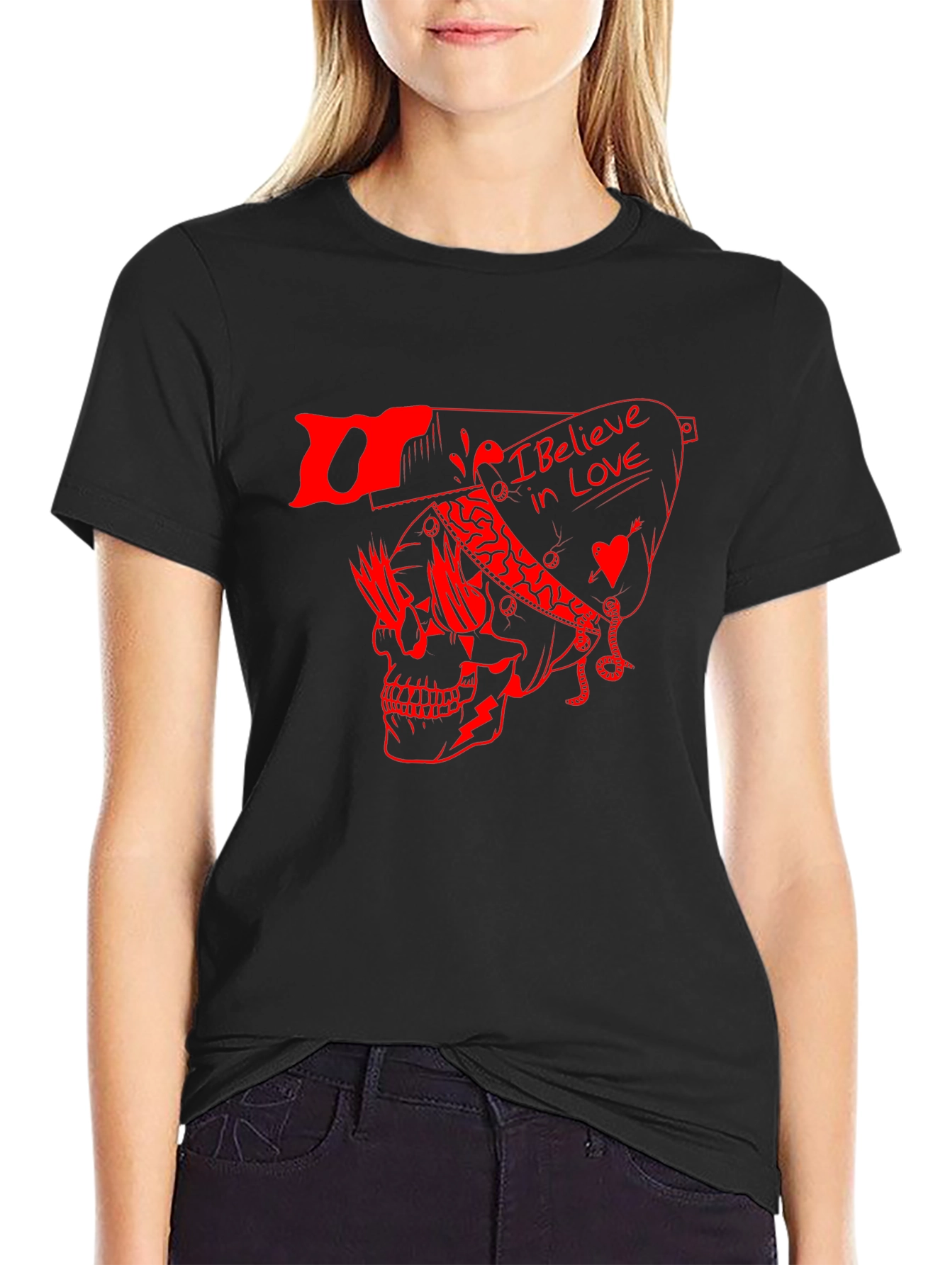 Skull Graphic Tee - I Believe in Love Print