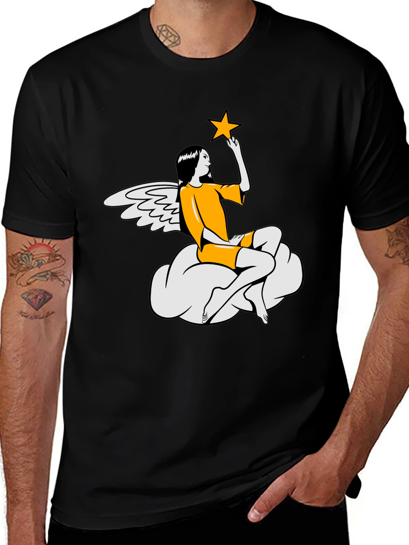 Angel & Star Graphic Tee - Stylish Black T-Shirt