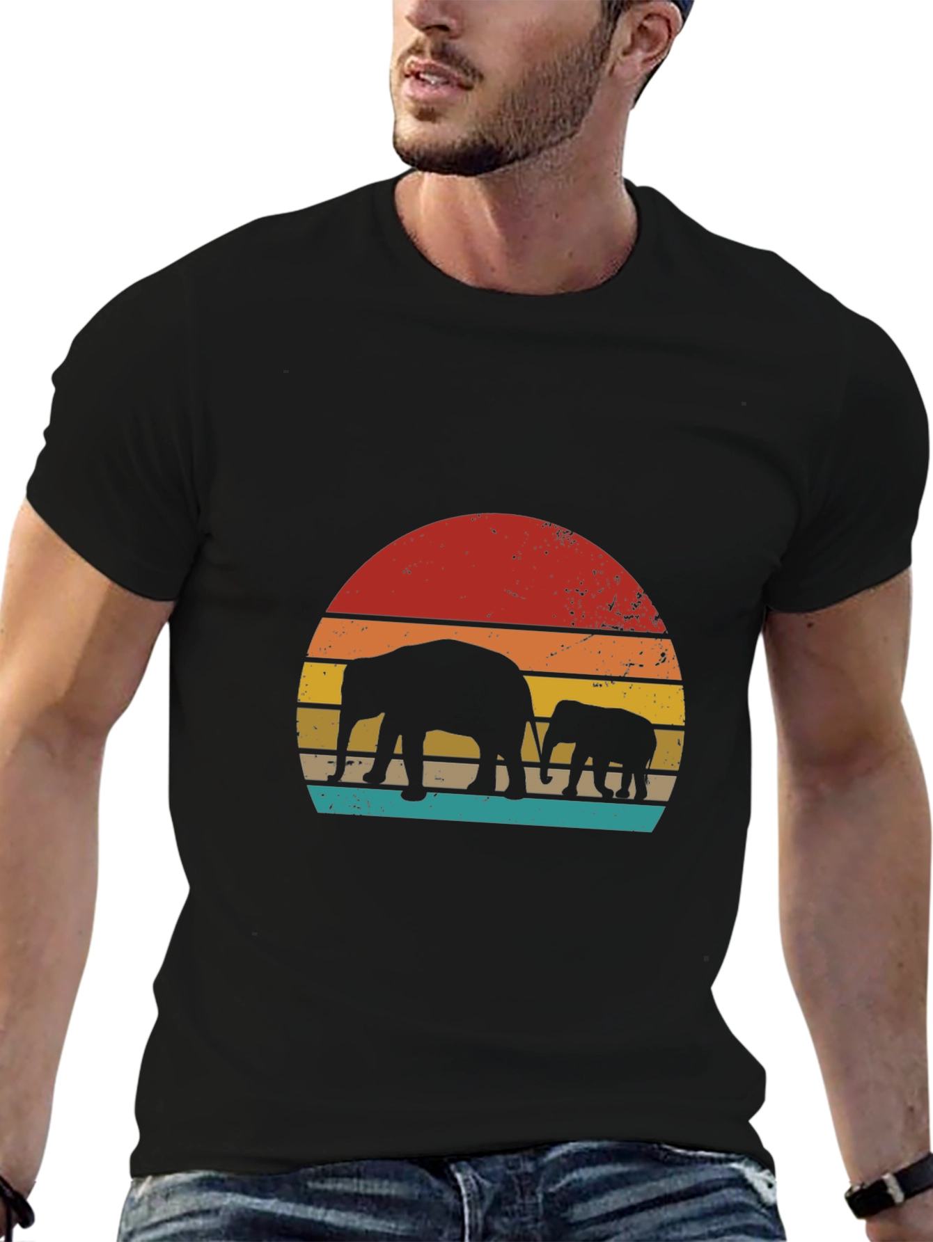 Retro Elephant Sunset Graphic Tee - Black