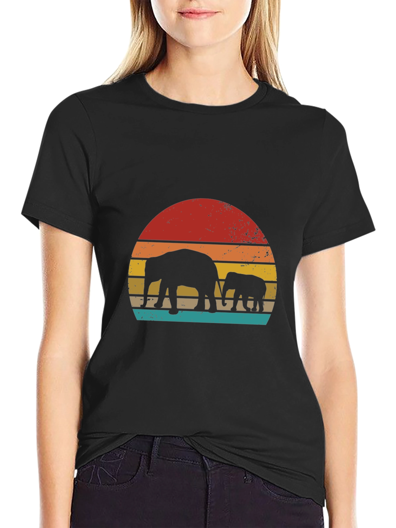 Retro Elephant Sunset Graphic Tee - Black