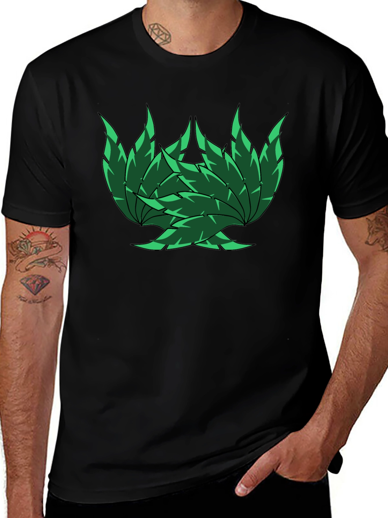 Green Leaf Design Black T-Shirt