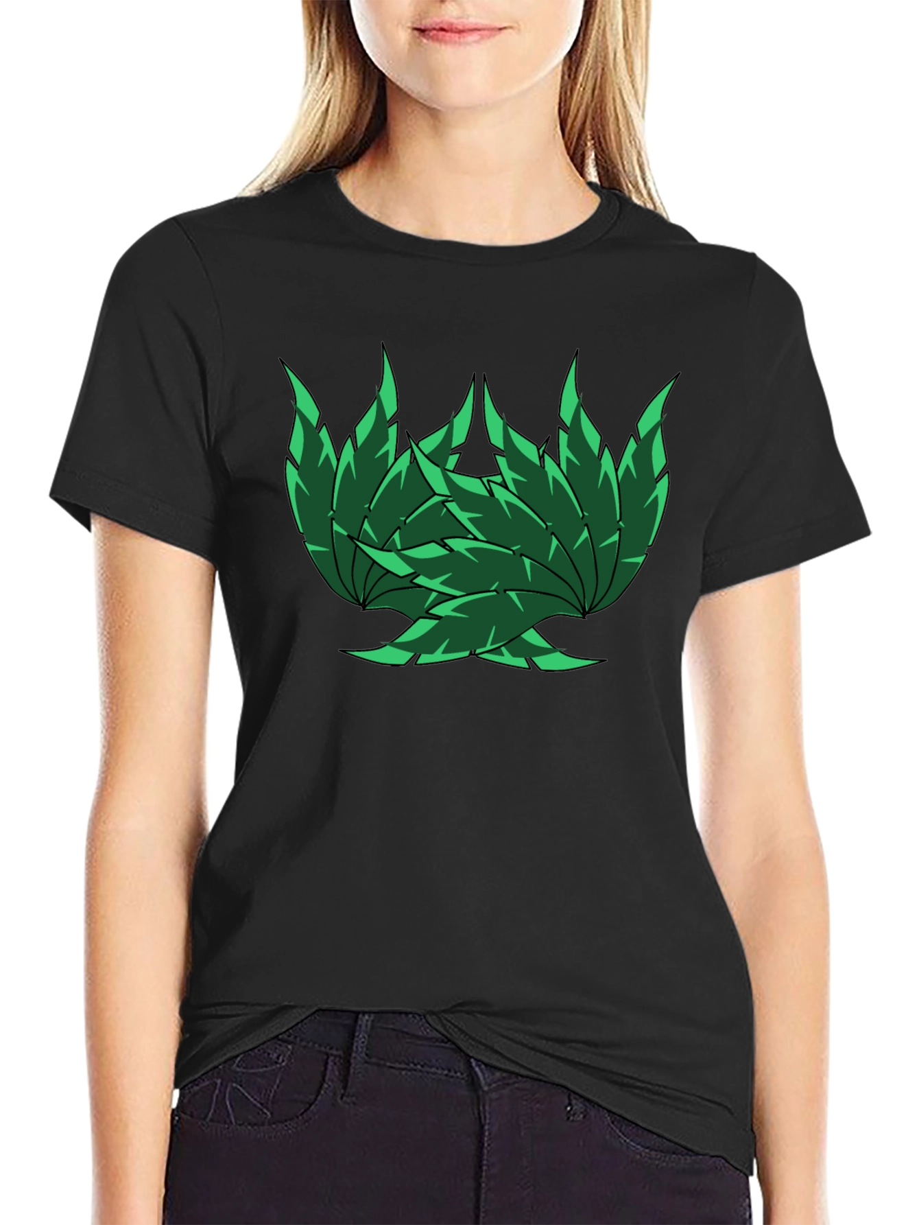 Green Leaf Design Black T-Shirt