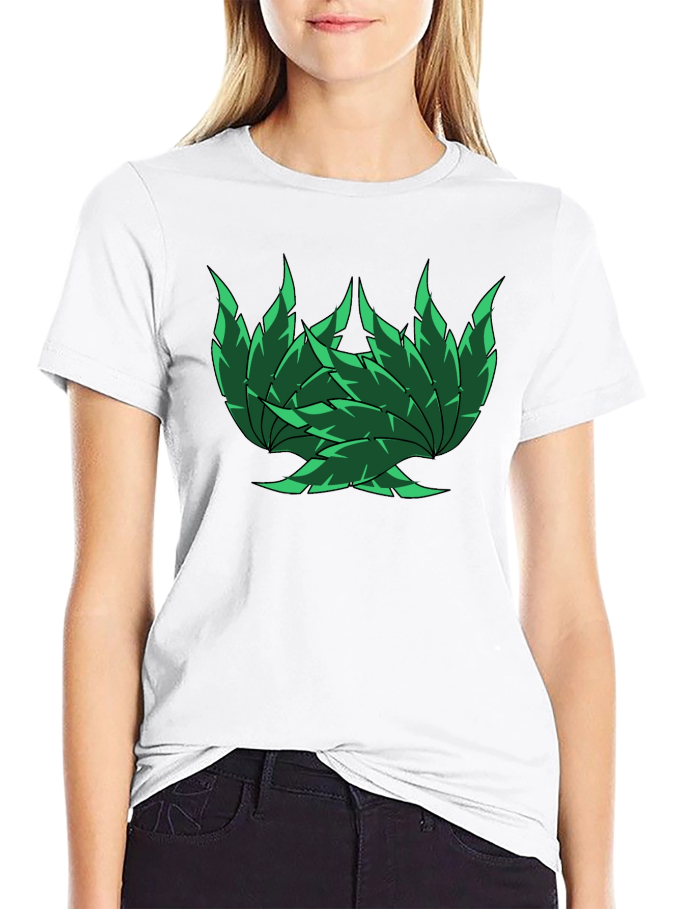 Green Leaf Design Black T-Shirt