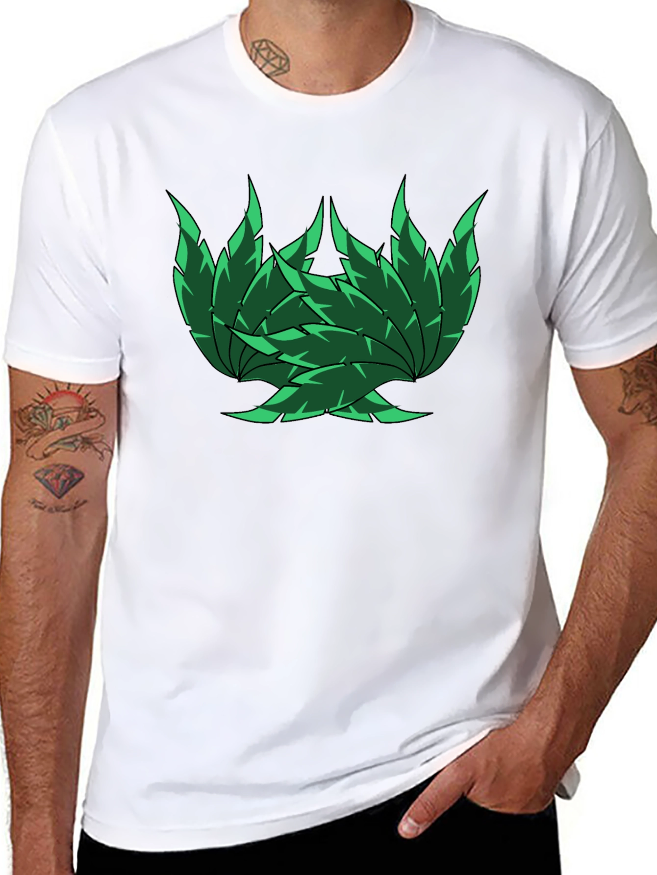 Green Leaf Design Black T-Shirt