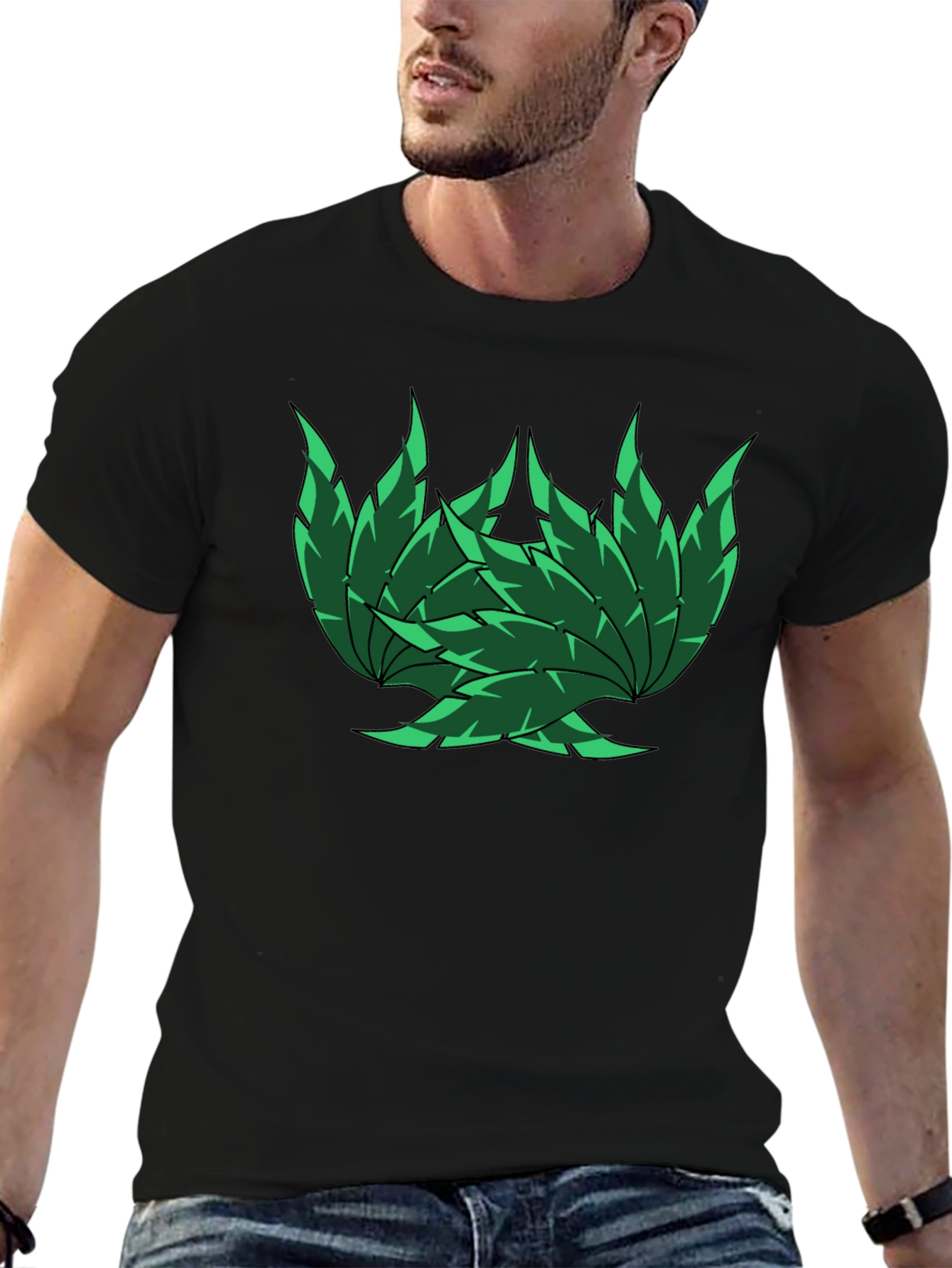 Green Leaf Design Black T-Shirt